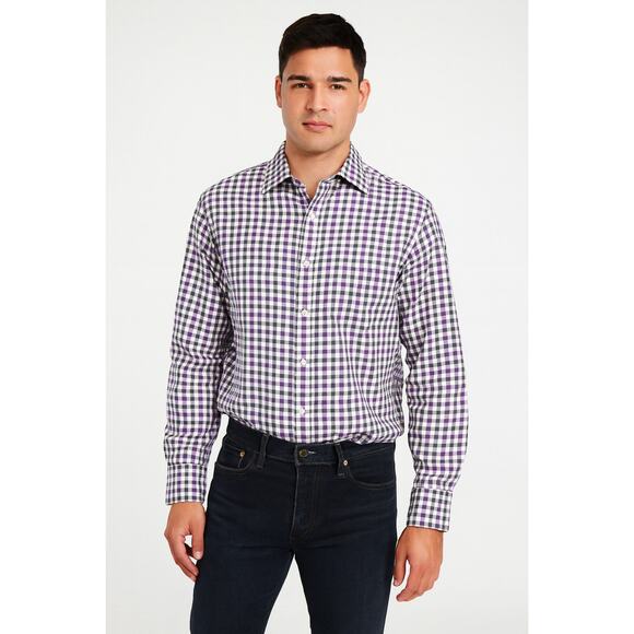 Peter Millar SZ M 100% Soft Cotton Plaid Button Down Shirt Purple Brown Orange - Picture 1 of 6